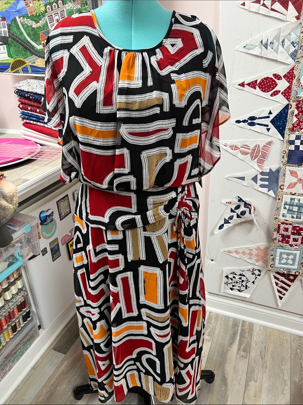 Women's Geometric Print Midi Dress in Black, Red & Mustard